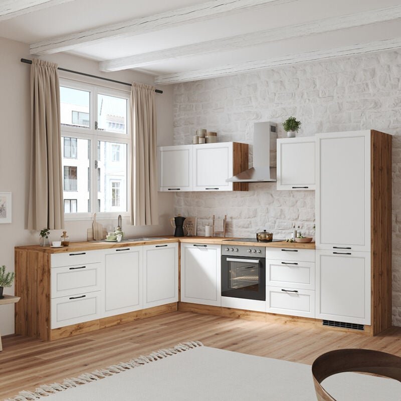 Winkelküche 300/240 cm mit E-Geräten in weiß und Eiche, Arbeitsplatte in Eiche, MONTERREY-03
