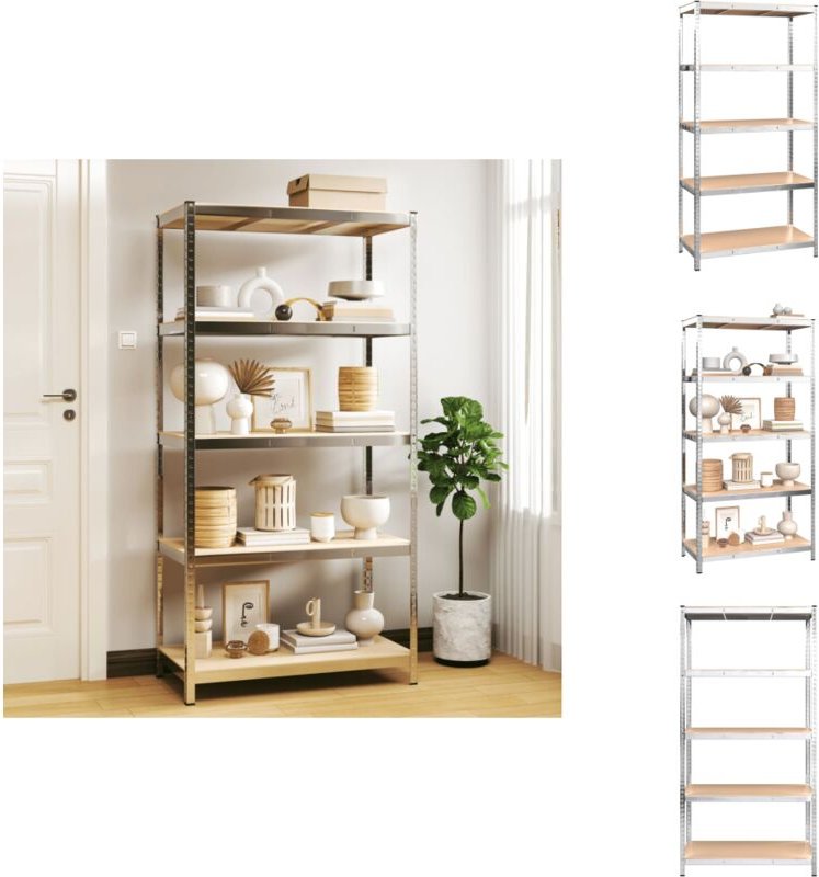 Lagerregal mit 5 Böden Silbern Stahl & Holzwerkstoff - Lagerregal - Industrieregals - Metallregal - Werkzeugschrank - Ho...