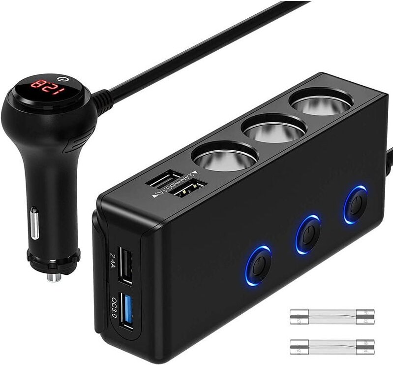 3-fach Kfz-Netzadapter mit 4 USB-Ladeanschlüssen und LED-Anzeige – 2 Sicherungen und Montagehalterung im Lieferumfang en...
