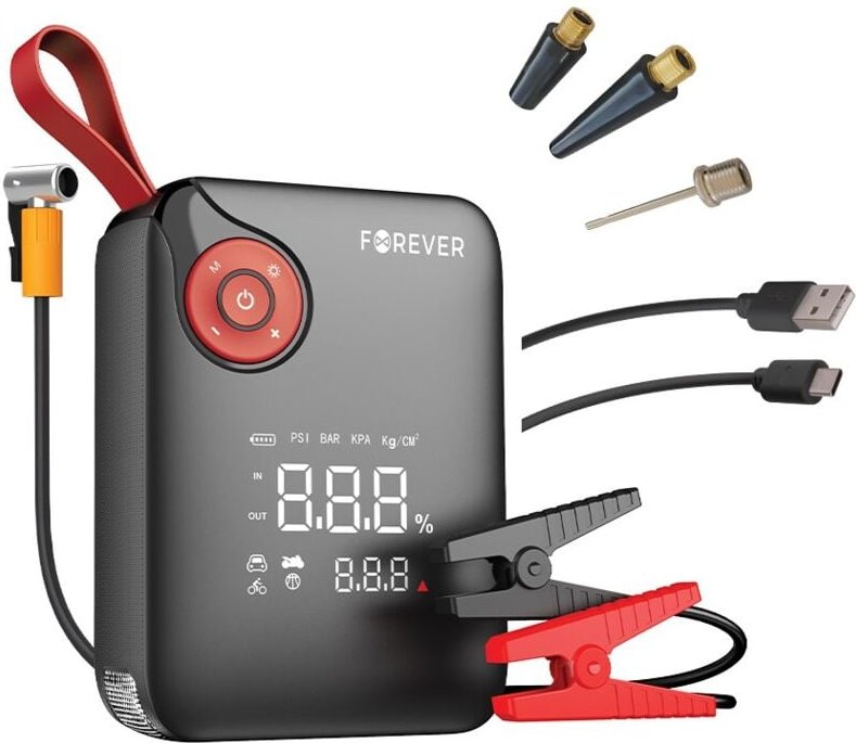 Forever - 4 in 1 Starthilfe 7200 mAh mit Kompressor von 150PSI und einer LED-Taschenlampe