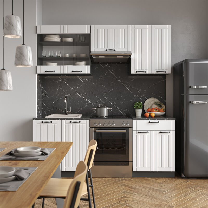 Vicco - Küchenzeile Fame-Line, Weiß Landhaus/Anthrazit, 200 cm ohne Arbeitsplatte