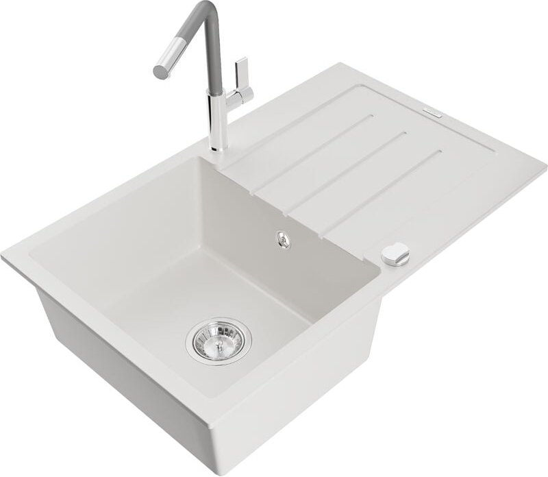 Bruno 1 Becken-Granitspüle mit Abtropffläche und Mischbatterie Flora, Weiß - 6513-20-670401-06 - Mexen