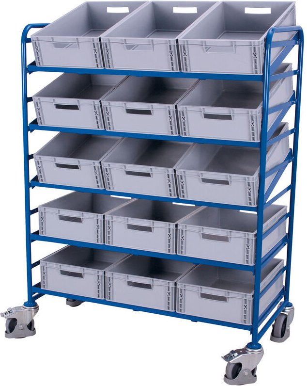 VARIOfit Eurokastenwagen mit 15 Kunststoffkisten und 5 Etagen 1240x610mm