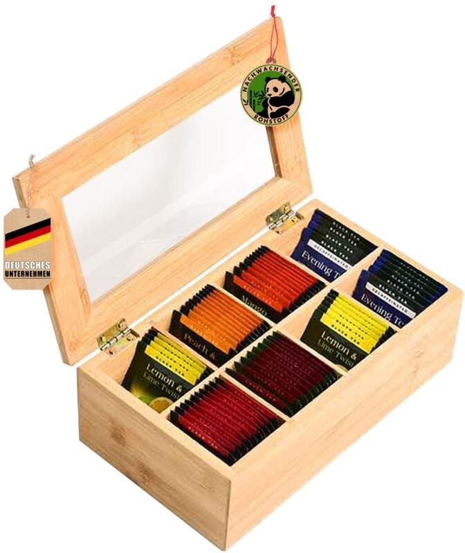 Floordirekt - Bambus-Teebox mit Deckel Praktische und stilvolle Teeaufbewahrung 8 Fächer (Colorado)