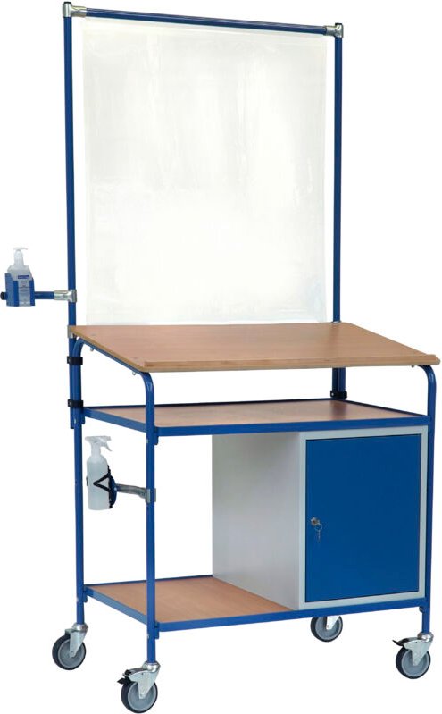 Fetra Rollpult mit Infektionsschutzausstattung Holzwerkstoffplatten mit Schrank und 2 Ablagen