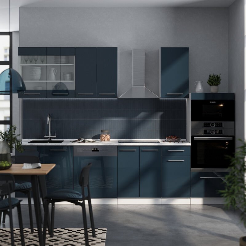 Thumbnail - Vicco - Küchenschränke Fame-Line, Dunkelblau Hochglanz/Weiß, 300 cm mit Hochschrank, ap Marmor