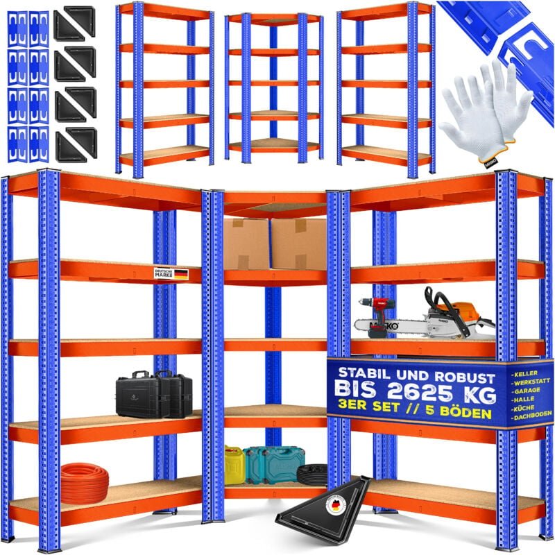 3er-Set Metall Regalsystem, Lagerregal, 1 Eckregal & 2 Lagerregale, 15 Böden MDF-Platten, bis 2625 kg belastbar, Schwarz...
