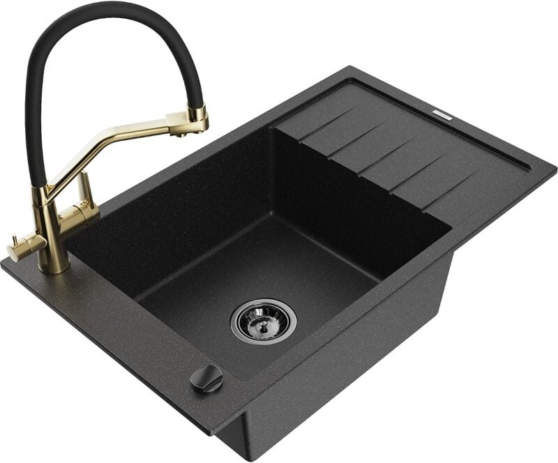 Elias 1 Becken-Granitspüle mit Abtropffläche und Mischbatterie Duo, Schwarz/Silbermetallic - 6 - Mexen