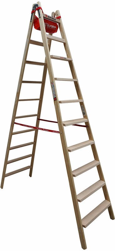 Euroline Holz Stufenstehleiter mit Comfort-Stufen mit Werkzeugablage 2x10 Stufen