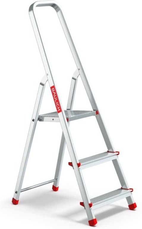 Einfache faltbare Haushaltsleiter aus Aluminium mit 3 Stufen, maximale Tragfähigkeit 125 kg.