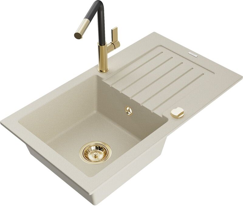 Pablo 1 Becken-Granitspüle mit Abtropffläche und Mischbatterie Flora, Beige - 6510-69-670401-5 - Mexen