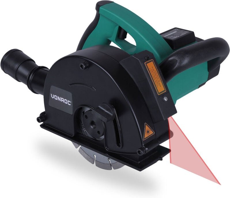 Vonroc - Mauernutfräse Schlitzfräse mit Laser – 1700 w – 150 mm – Inkl. 2 Diamantscheiben, Staubsaugeranschluss und Aufb...