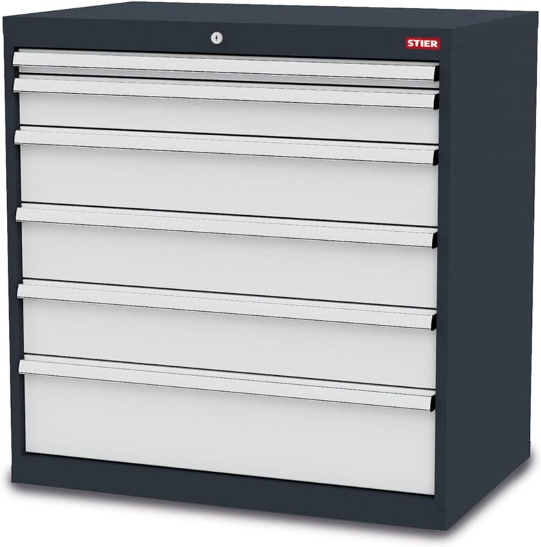 Schubladenschrank mit 6 Schubladen, BxTxH 900x575x920 mm, Gesamttragkraft 1000kg, Blendenhöhen 50 bis 200 mm - Stier