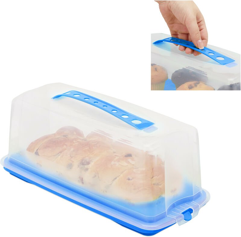 Kuchenbox eckig, Tragegriff, mit Deckel, für Kastenkuchen, Kuchenbutler, hbt 15 x 37 x 16 cm, blau/transparent - Relaxda...