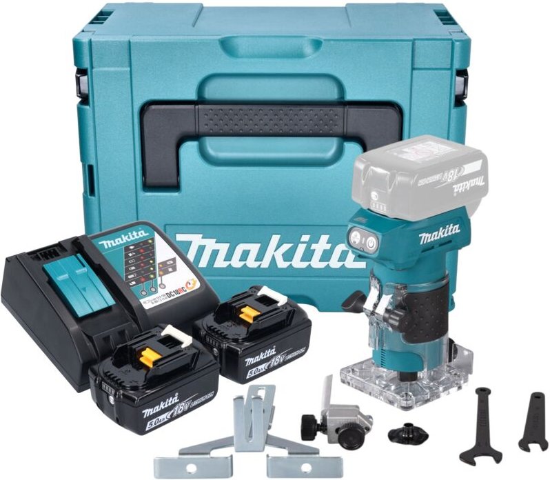 Drt 52 rtj Akku Kantenfräse 18 v 6 mm Brushless + 2x Akku 5,0 Ah + Ladegerät + Makpac - Makita