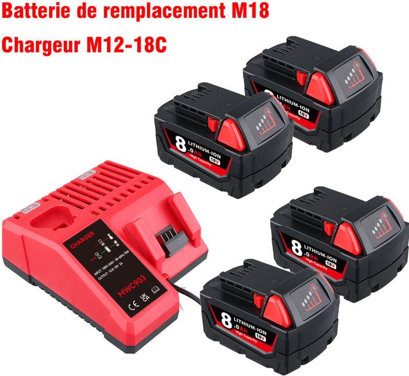4er-Pack 8,0 Ah Ersatzakku für Milwaukee M-18 Lithium-Ionen-Akku und Ladegerät-Set, kompatibel mit Milwaukee Akku 18 V 4...