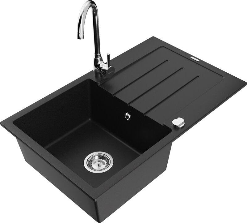 Mexen Bruno 1 Becken-Granitspüle mit Abtropffläche und Mischbatterie Telma, Schwarz - 6513-77-670200