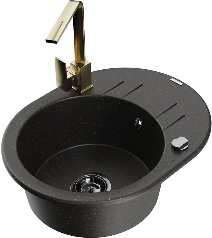 Kevin 1 Becken-Granitspüle mit Abtropffl√§che und Mischbatterie Rita, Schwarz/Gold metallisch - 6517-75-670300-50-B - Me...