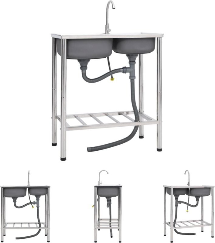 The Living Store - Camping-Spüle mit Doppelbecken und Wasserhahn Edelstahl - Küchenspülen & Spülbecken - Silber