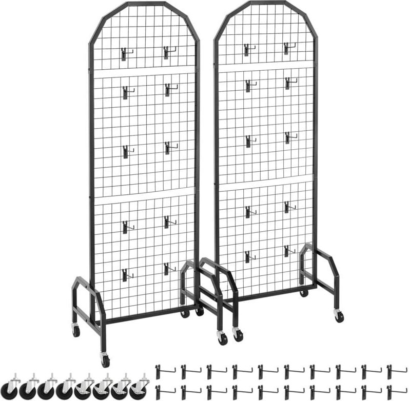 Mophorn Gitterwandpaneele 60 x 164 cm, 2 Stück rollbarer Präsentationsständer mit 20 Haken, Präsentationsregale aus Karb...