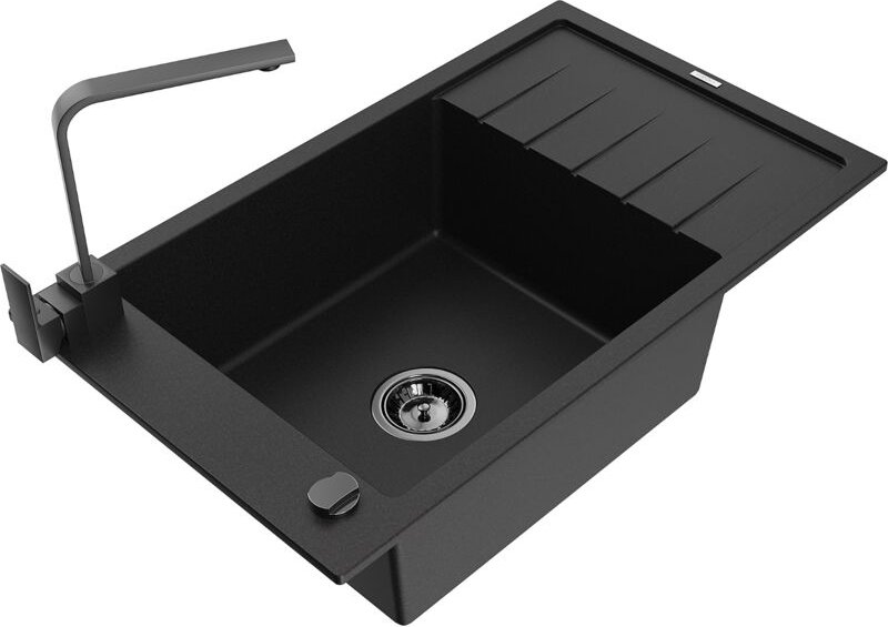 Elias 1 Becken-Granitspüle mit Abtropffläche und Mischbatterie Rita, Schwarz - 6511-77-670300- - Mexen