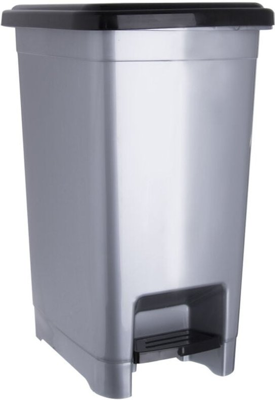 Narrow pedal bucket in gray plastic with handle for garbage bag