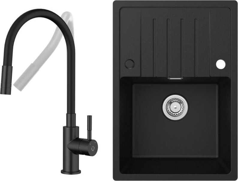 Thumbnail - Cecipa Max - Küchenspüle 65x45cm Granitspüle Anthrazitschwarz Mit Abtropffläche + Universeller Küchenarmatur Schwarz Hoh...