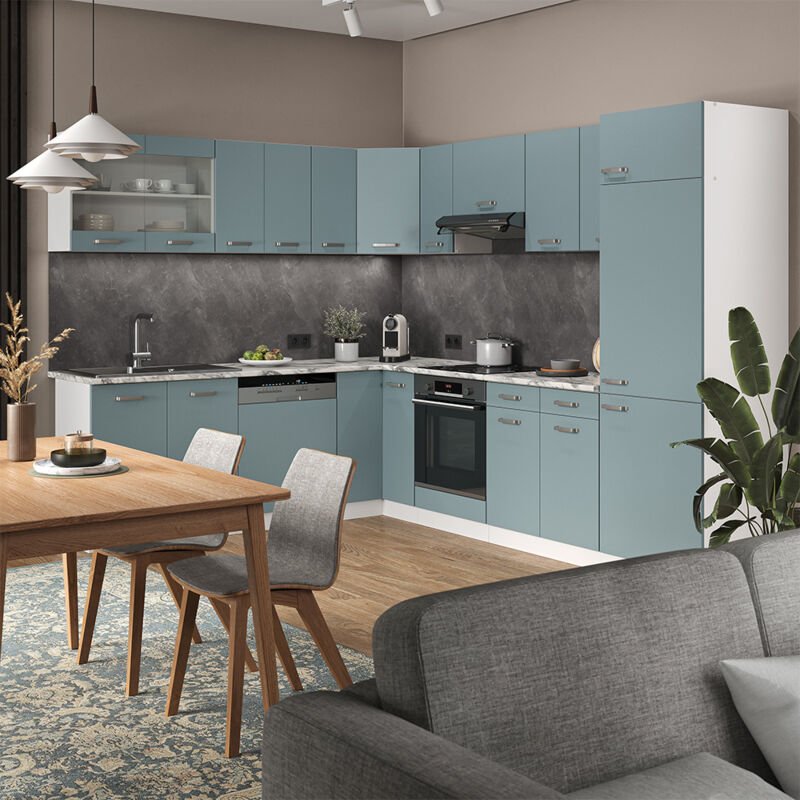 Einbauküche R-Line, Blau-Grau/Weiß, 227 x 287 cm ohne Arbeitsplatte, Vicco