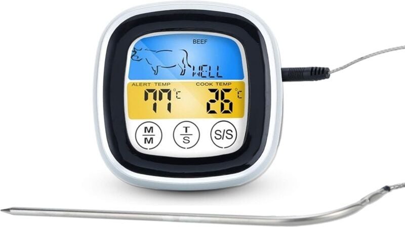 Weißes digitales Grillthermometer mit Timer zum Grillen und Kochen, elektronisches Grillthermometer