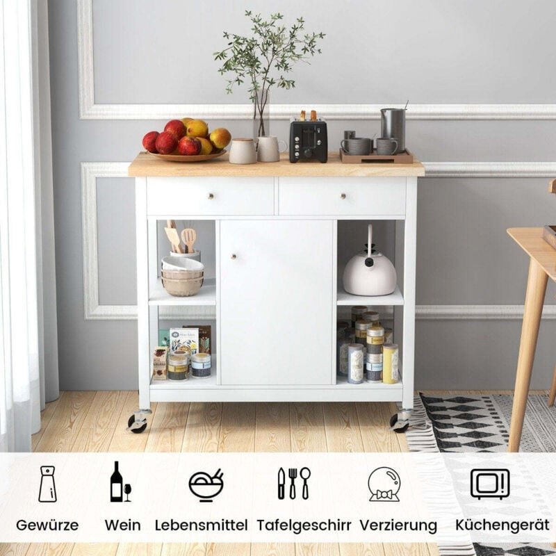 Kuchenwagen mit rollen kucheninsel mit arbeitsplatte servierwagen mit 2 schubladen 99 x 46 x 90 cm wei