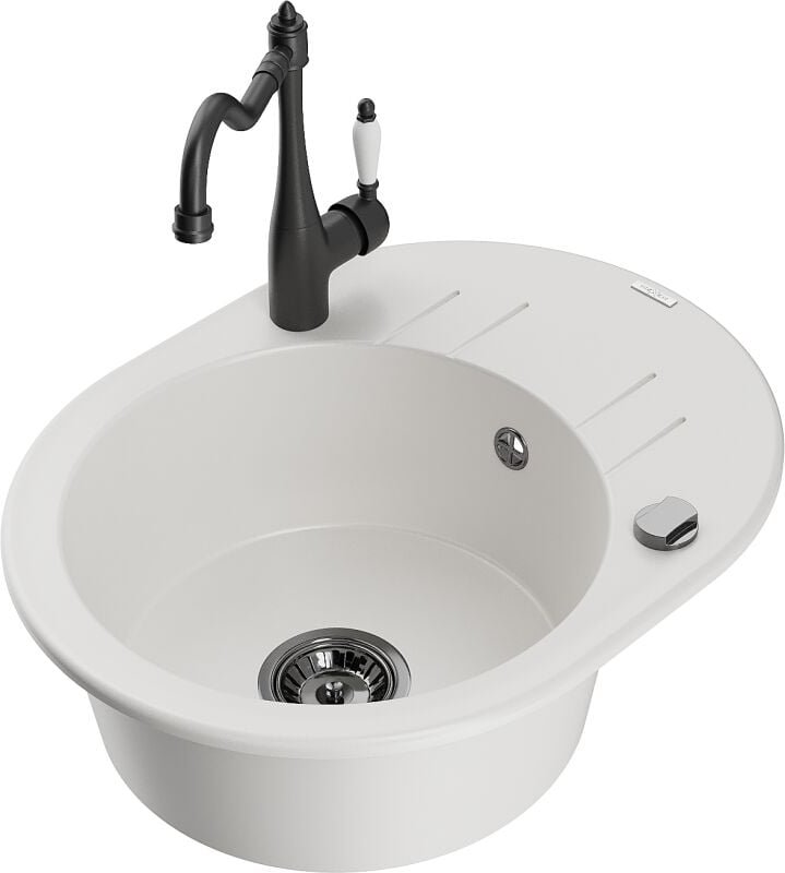 Kevin 1 Becken-Granitspüle mit Abtropffl√§che und Mischbatterie Carla, Wei√ü - 6517-20-670700-70 - Mexen