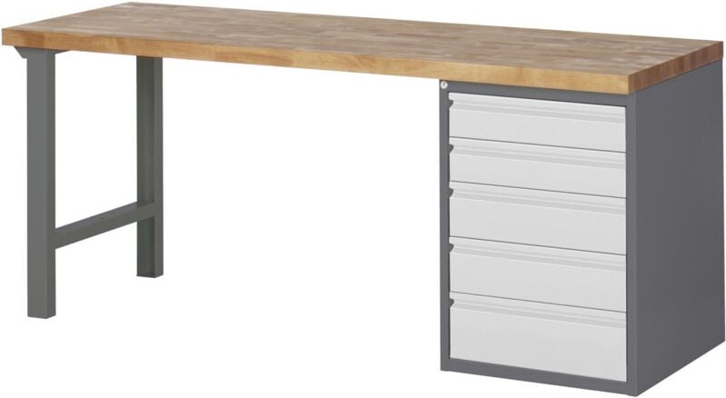 Werkbank Premium, 5 Schubladen, 200x70x84 cm, aus pulverbeschichtetem Stahl und Buche, perfekt für vielseitige Werkstatt...