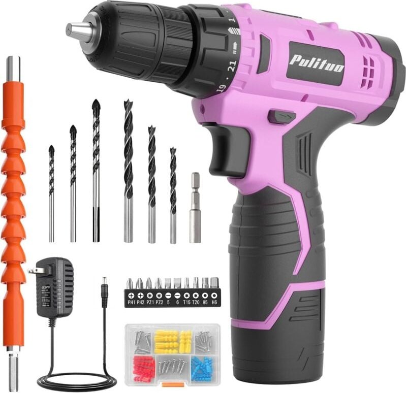 Perceuse sans fil Pulituo 12 v, mandrin sans clé 3/8 po, tournevis électrique rose, réglage de couple 21+1 (rose)