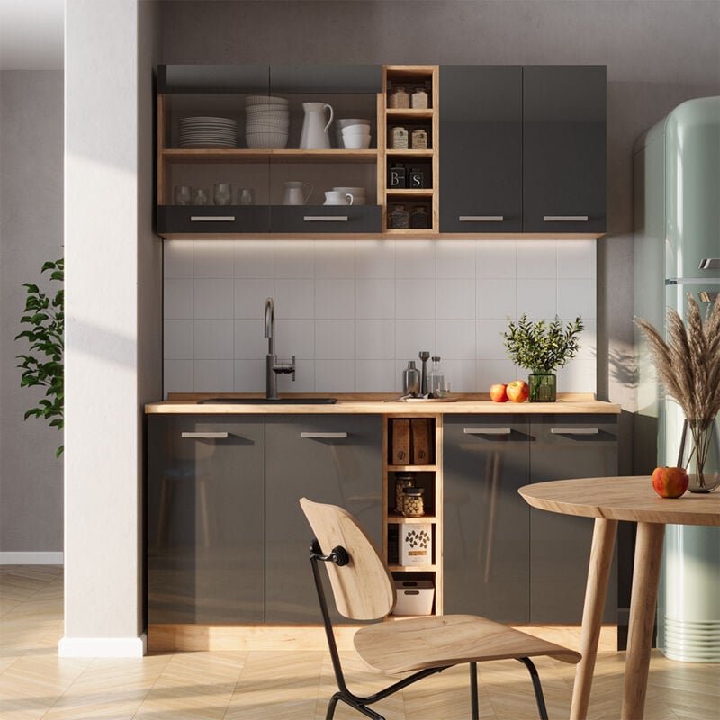 Vicco - Singleküche R-Line, Anthrazit Hochglanz/Goldkraft Eiche, 160 cm ohne Arbeitsplatte