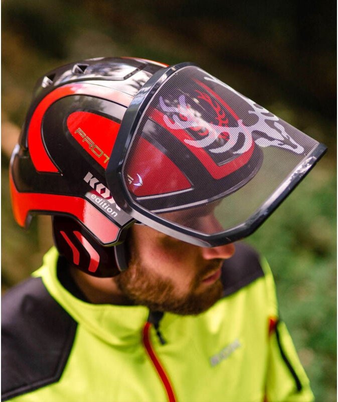 Forsthelm / Schutzhelm kox Edition mit Gehörschutz und Visier Integral Forest Schwarz/Rot OneSize - Protos