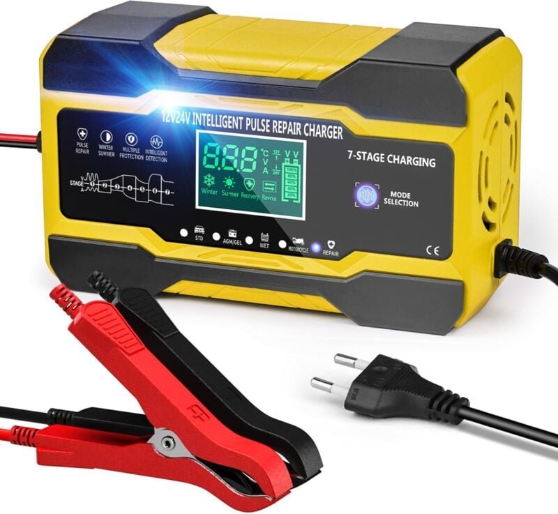 10 A Autobatterieladegerät, 12 V, 24 V, intelligentes Ladegerät für Auto, Motorrad, mit Temperaturkompensation, mit LCD-...