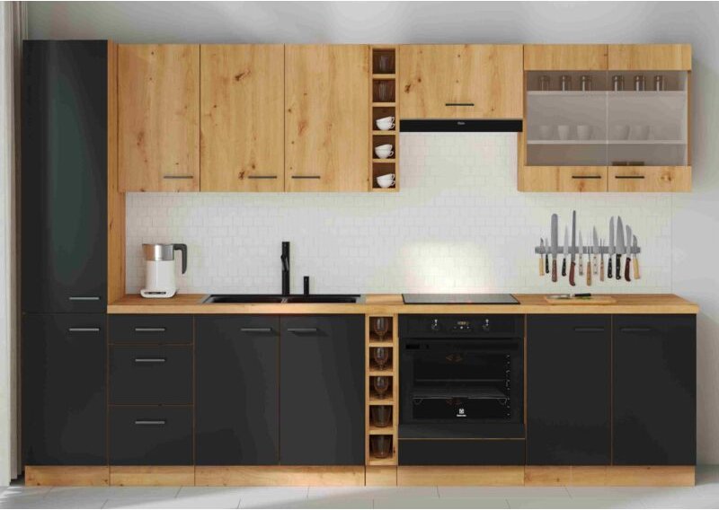 Küchenmöbel-Set Montijo 315 cm Küchenzeile mit Hängeschränken Schwarz/Artisan-Eiche - Furnix