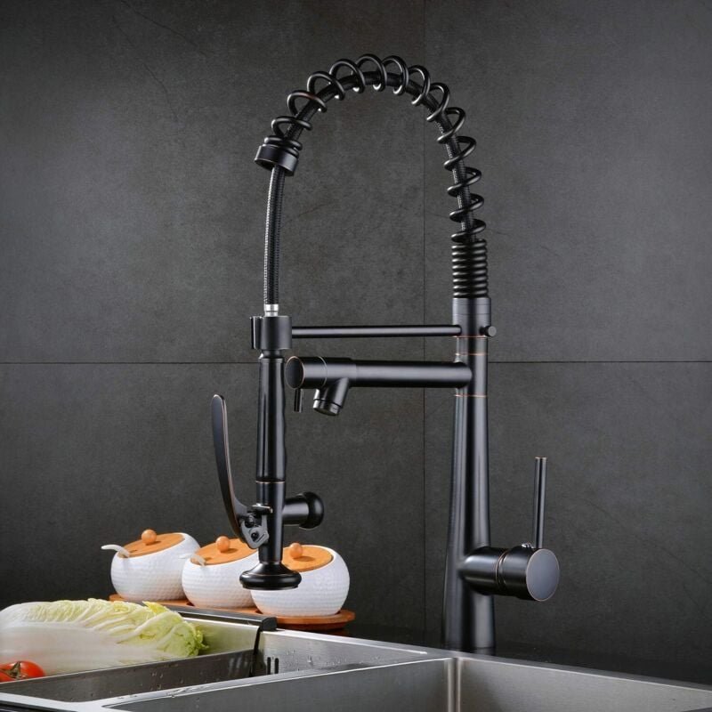 Ineasicer Schwarzer Küchenhahn mit Ausziehbrause, 2 Funktionen, 360° schwenkbarer Auslauf, Messingfederhahn, Spültischar...
