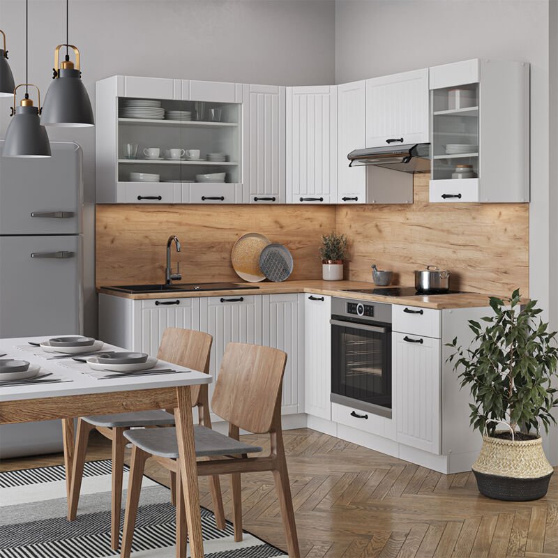 Vicco - Eckküche Fame-Line, Weiß Landhaus/Weiß, 160 x 60 cm ohne Arbeitsplatte