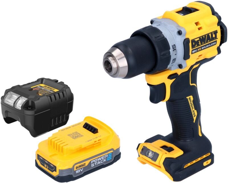 DeWalt DCD 800 E1 Akku Bohrschrauber 18 V 90 Nm Brushless + 1x Powerstack Akku 1,7 Ah + Ladegerät