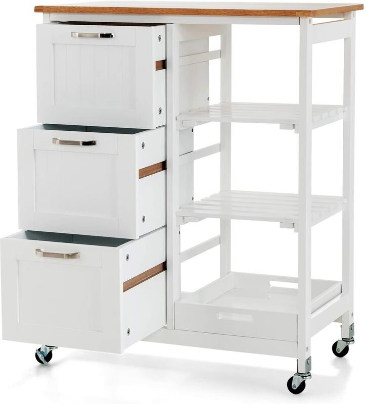 Küchenwagen mit Stauraum, Servierwagen auf Rädern mit 3 tiefen Schubladen, offenen Regalen & Herausnehmbarem Tablett, Ro...