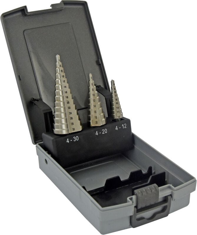 Box mit 3 selbstzentrierenden HSS-Stufenkonusbohrern • Gerade Nuten • Ø4mm bis Ø12mm / Ø4mm bis Ø20mm / Ø4mm bis Ø30mm •...