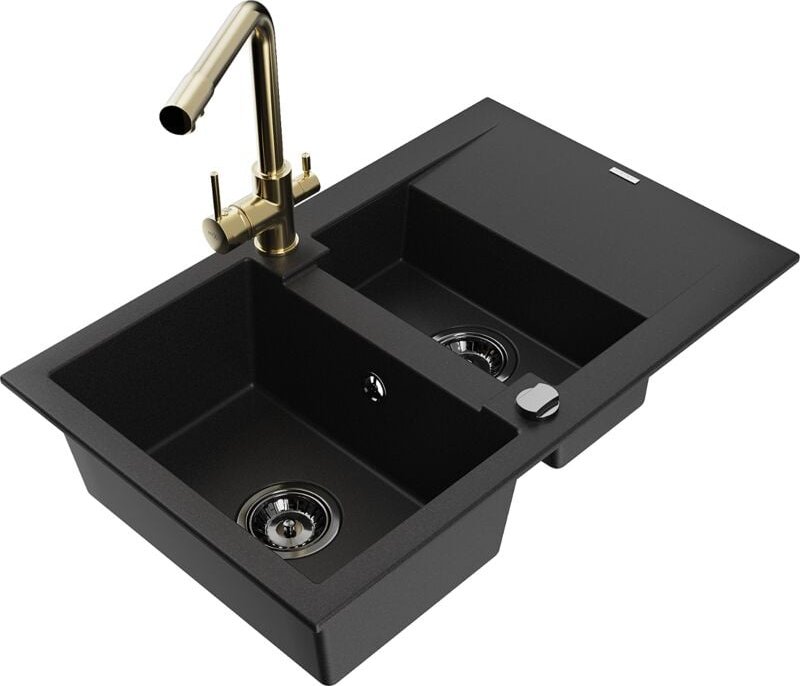 Gaspar 1,5-Becken-Granitspüle mit Abtropffläche und Mischbatterie Duero, Schwarz - 6507-77-671 - Mexen