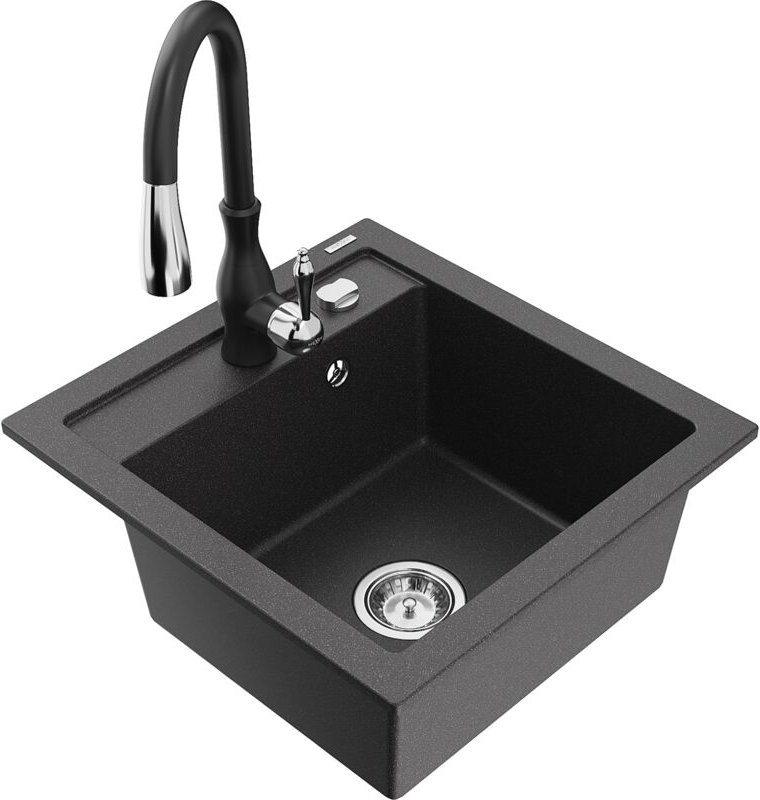 Vito 1-Becken-Granit-Spüle mit Mischbatterie Savita, Schwarz gesprenkelt - 6503-76-672601-70 - Mexen