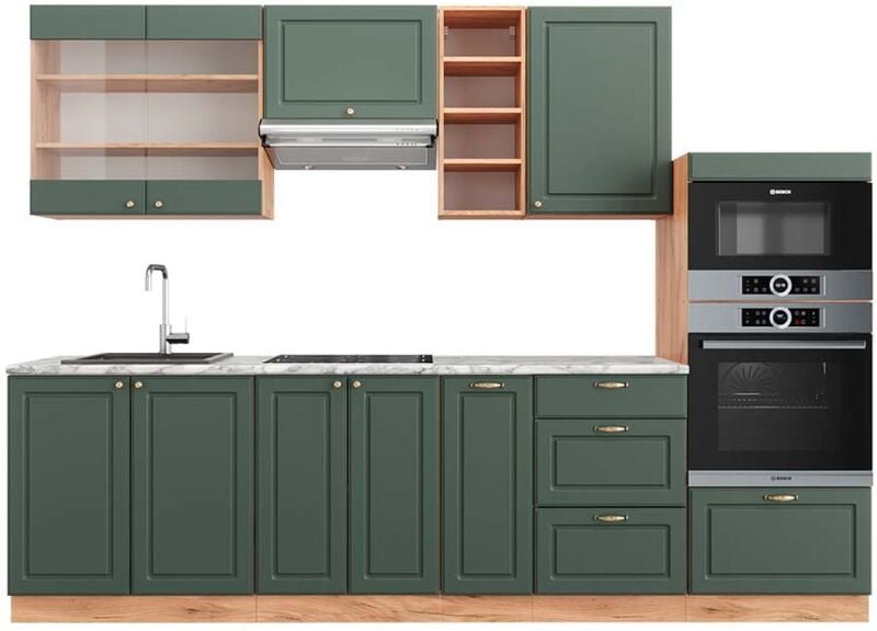 Vicco - Küchenzeile Fame-Line, Grün-Gold Landhaus/Goldkraft Eiche, 280 cm , ap Marmor