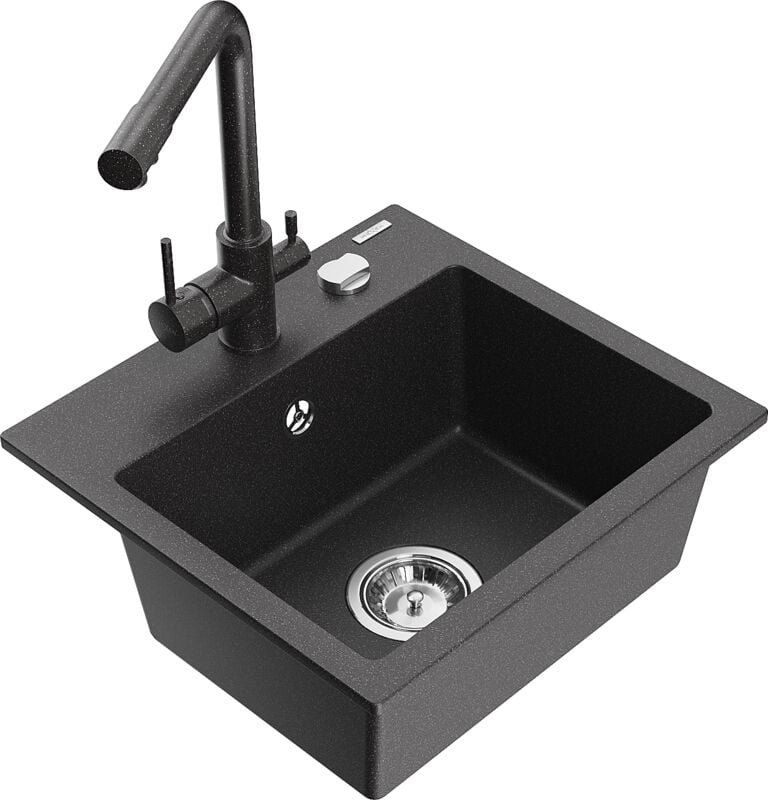 Milo 1-Becken-Granit-Spüle mit Mischbatterie Duero, Schwarz gesprenkelt - 6505-76-671600-76 - Mexen