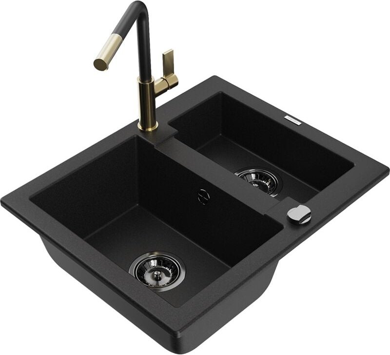 Carlos 1,5-Becken-Granitspüle mit Mischbatterie Flora, Schwarz - 6518-77-670401-57-B - Mexen