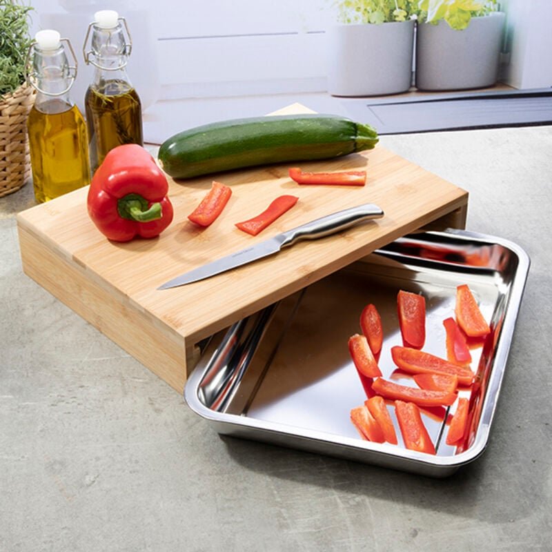 Bambus Schneidebrett / Holzbrett mit Edelstahlschale-M28032