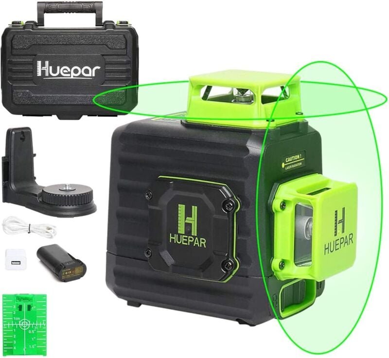 Huepar - 2 x 360 Kreuzlinienlaser Grüner Selbstnivellierenden Laser Level, Zwei 360°-Laserlinie, Li-Ionen-Akku mit Ladea...