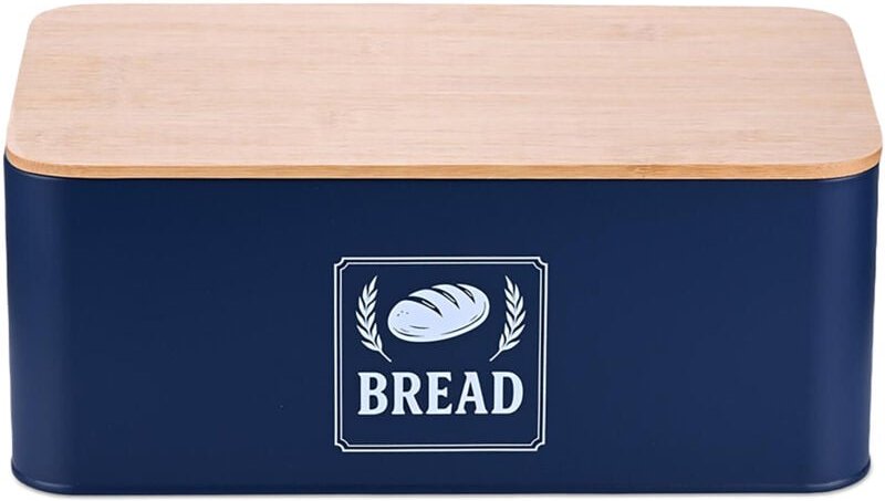 Relaxdays Brotkasten, Bambusdeckel, Metall, HBT: 13,5 x 33 x 19 cm, Retro Brotaufbewahrungsbox, Brotbehälter, dunkelblau